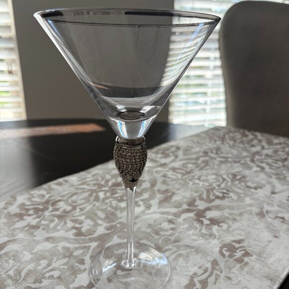 Rhinestone Crystal Glass Martini Glasses Silver Rim Stemware - Set of 4 - Picture 5 of 5
